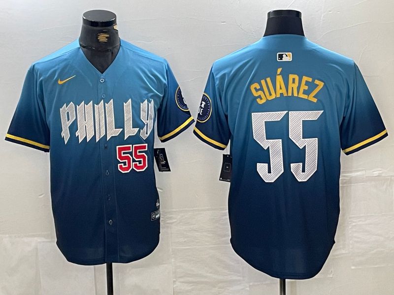 Men Philadelphia Phillies 55 Suarez Blue City Edition Nike 2024 MLB Jersey style 3